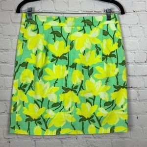 J CREW yellow green floral print cotton‎ lined knee length straight skirt, sz 4